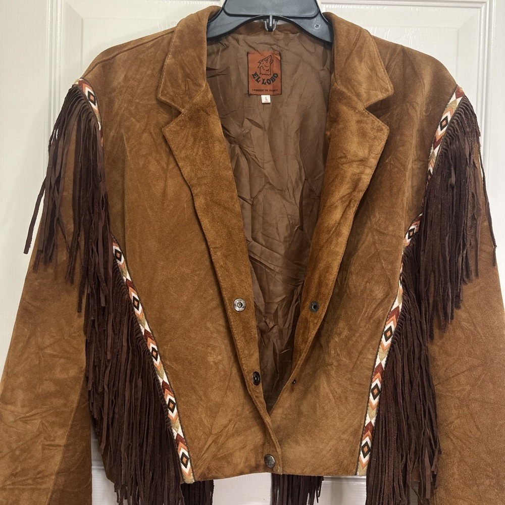 Western Fringe Leather Suede Jacket‎ Button Up Brown Aztec Design Sz Woman's L - Picture 5 of 15